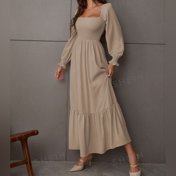 SHEIN Khaki Square Neck Shirred Ruffle Hem Dress- Size M - Picture 6 of 13